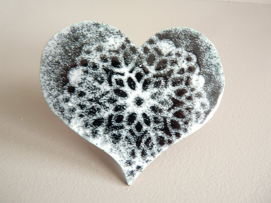 Lace Heart, black and white enamel brooch pin REDUCED PRICE 