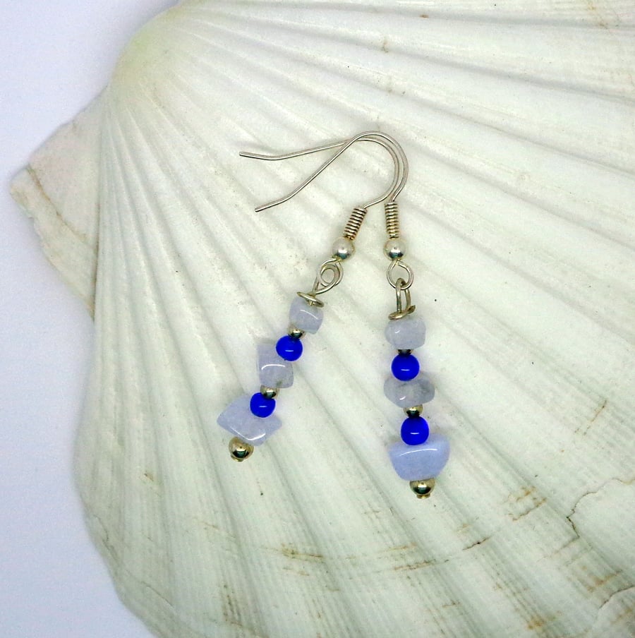 Blue lace agate & glass bead drop earrings