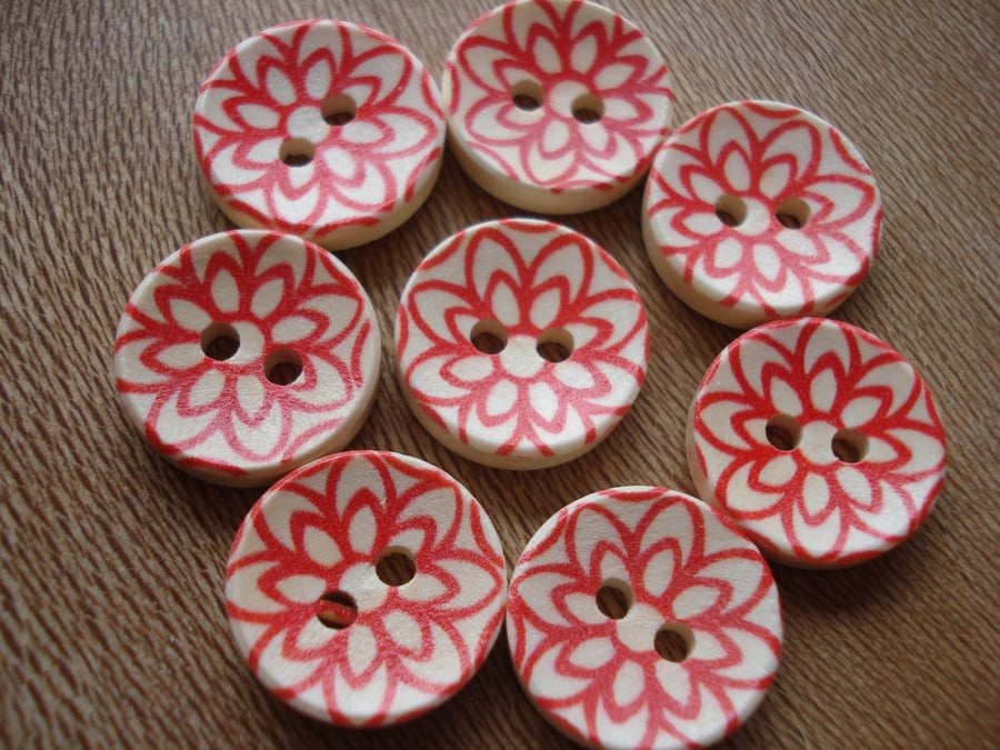 8 Scandi Style Buttons, Red Buttons, Geometric Buttons, Wooden Buttons