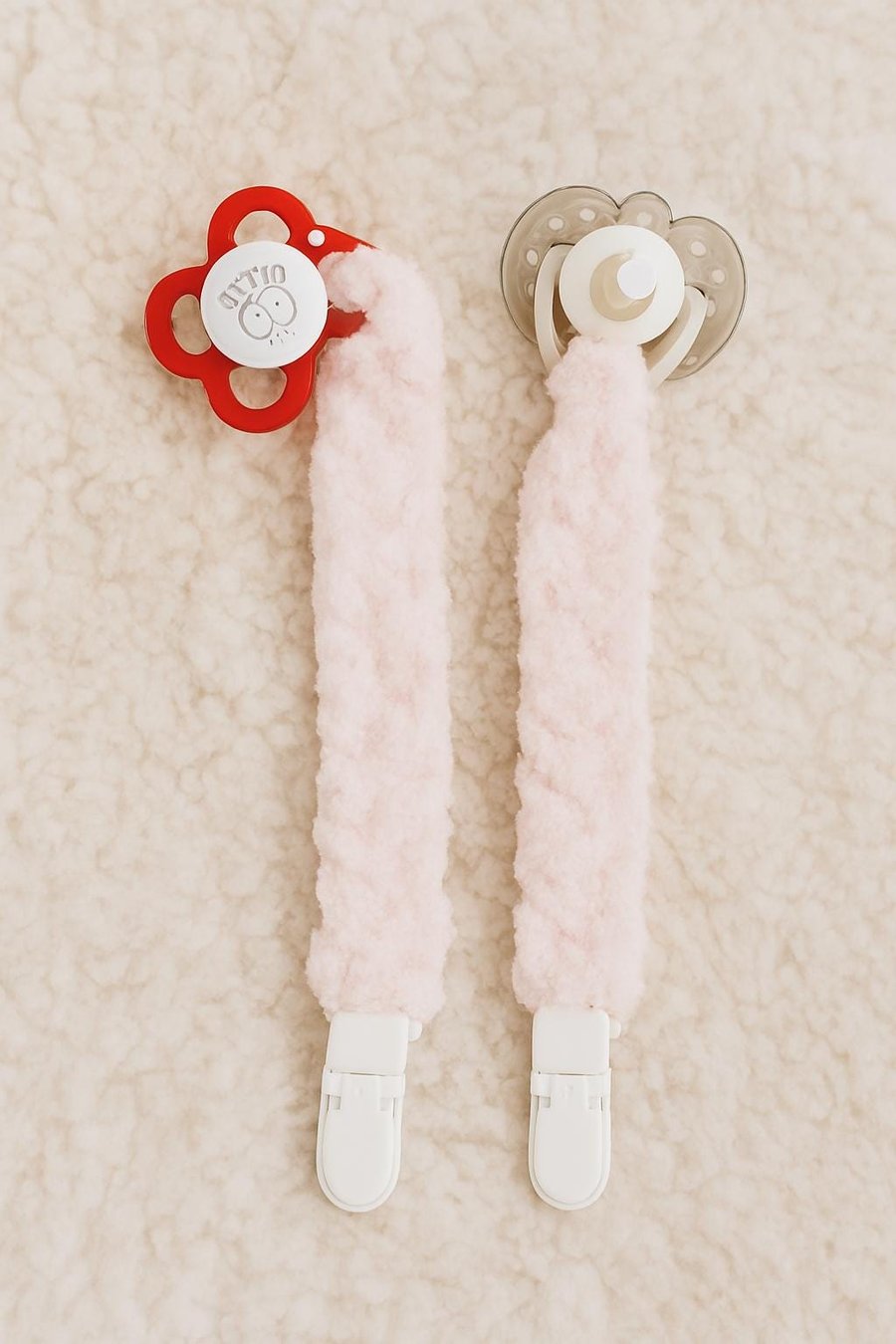 Pink Plush Pacifier Clip: Handmade Baby Shower Gift. 20cm