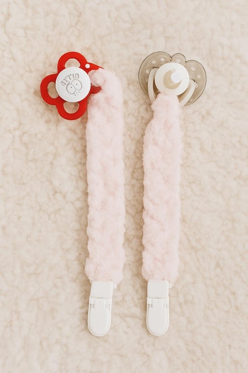Pink Plush Pacifier Clip: Handmade Baby Shower Gift. 20cm