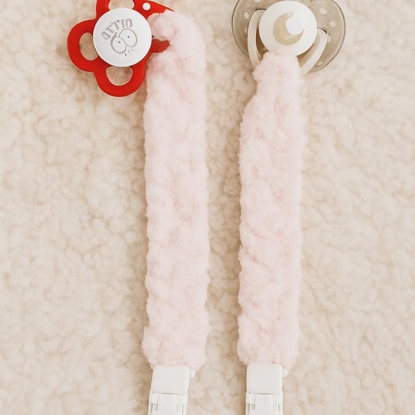 Pink Plush Pacifier Clip: Handmade Baby Shower Gift. 20cm