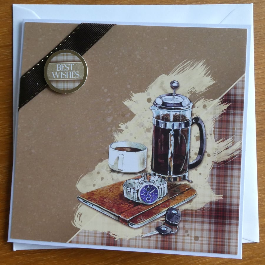 Cafetiere, Coffee and Watch Card - Birthday, Father's Day, Retirement