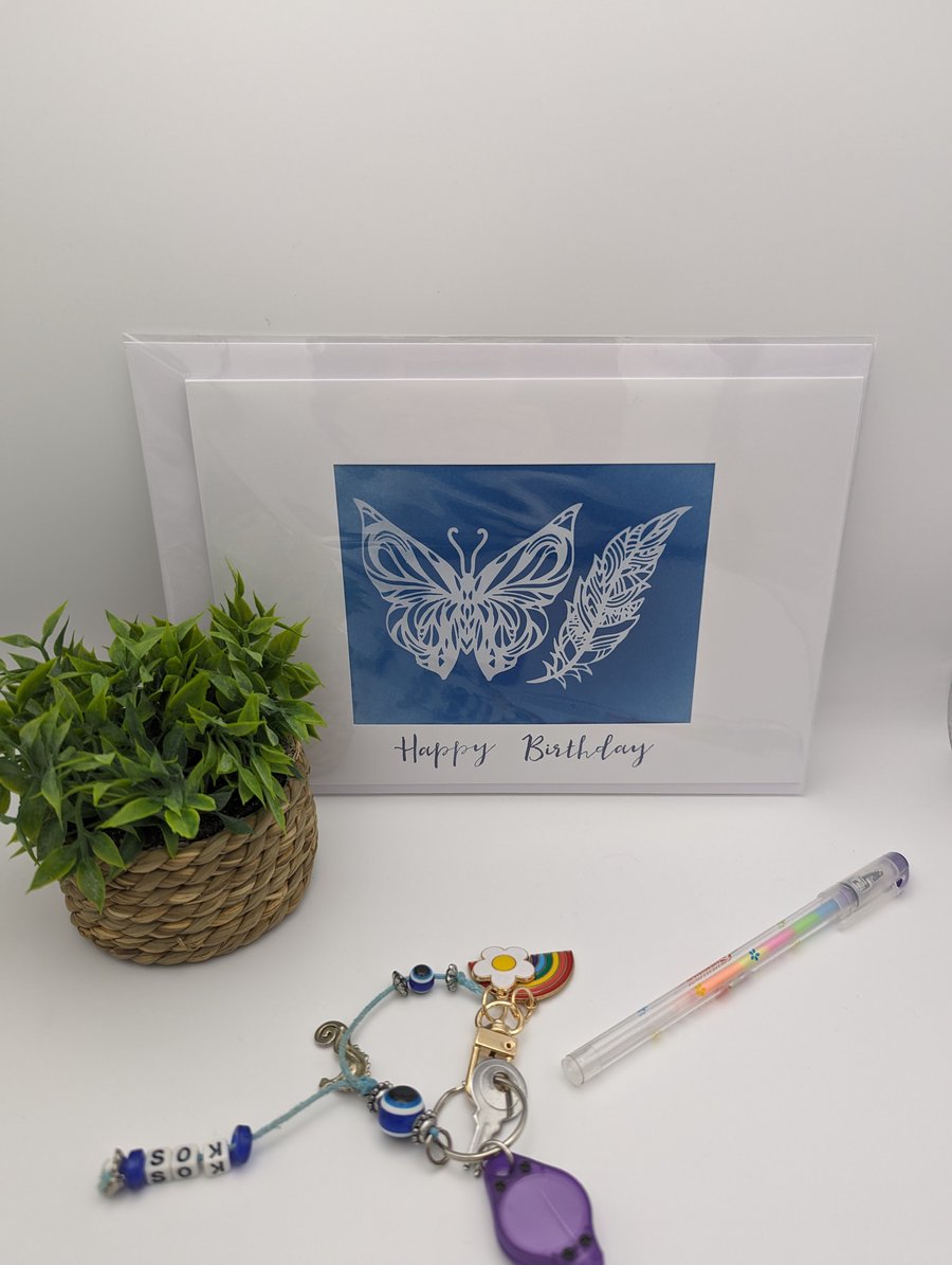 Butterfly Feather Birthday cyanotype Print Card Blue White Framed Large 