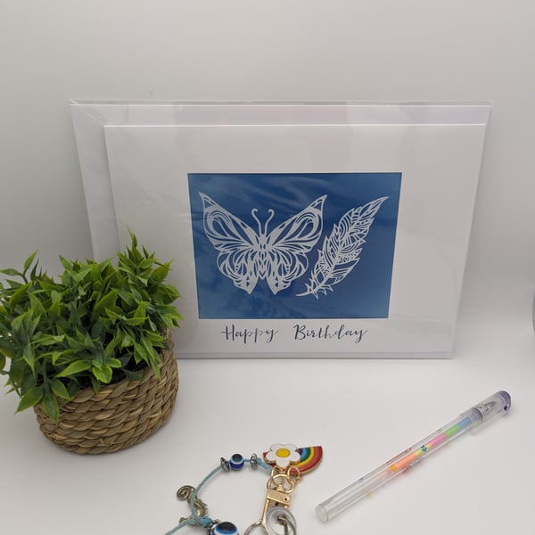 Butterfly Feather Birthday cyanotype Print Card Blue White Framed Large 