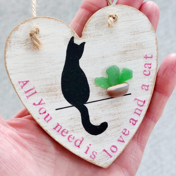 Sea Glass Cat Decoration, Beach Glass Hanging Heart Ornament Gift for Cat Lovers