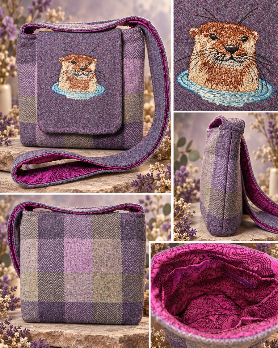 Harris Tweed Crossbody Bag with Mr Otter