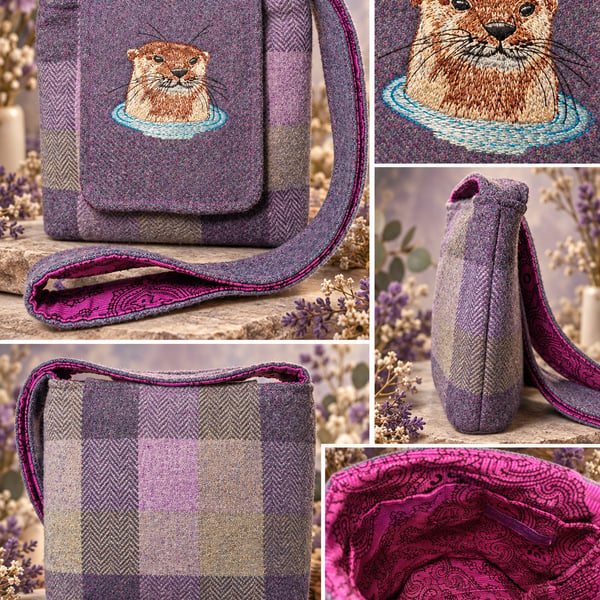 Harris Tweed Crossbody Bag with Mr Otter