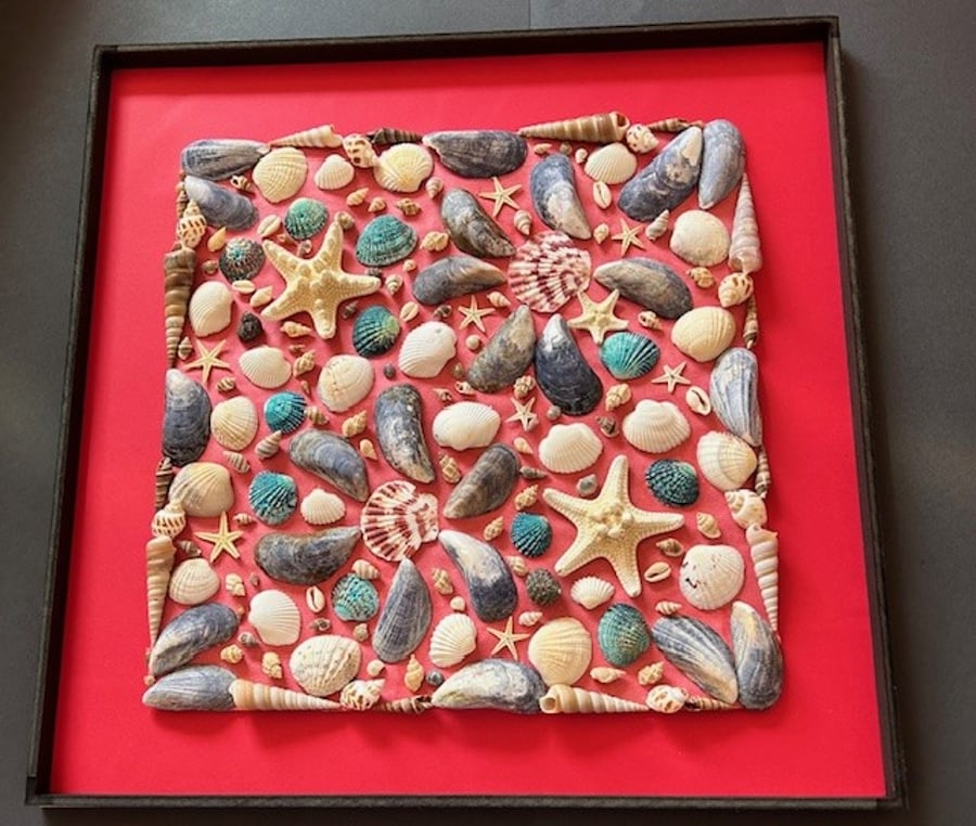 Large Red Square Shaped Seashells Picture Frame