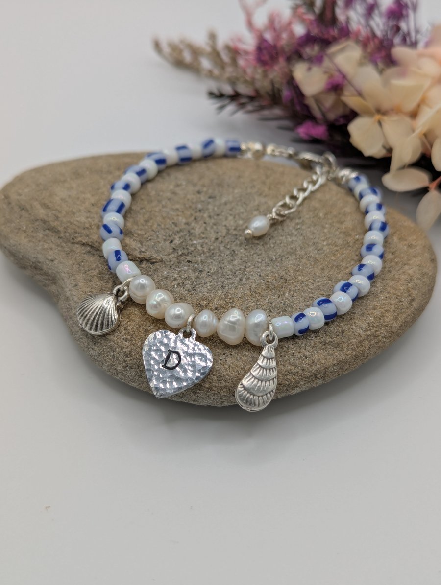 Blue and White Striped Nautical Seed Bead Bracelet - Personalised 