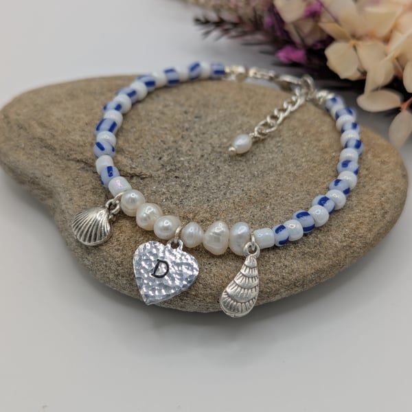 Blue and White Striped Nautical Seed Bead Bracelet - Personalised 