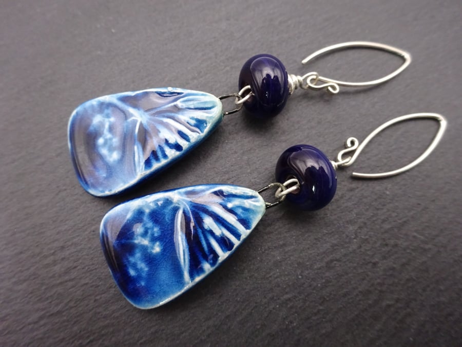 lampwork glass blue cow parsley ceramic earrings
