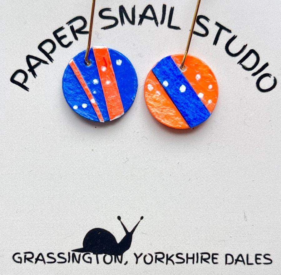 Circular, 15mm in diameter, Hand-painted Paper Earrings with Collaged Design