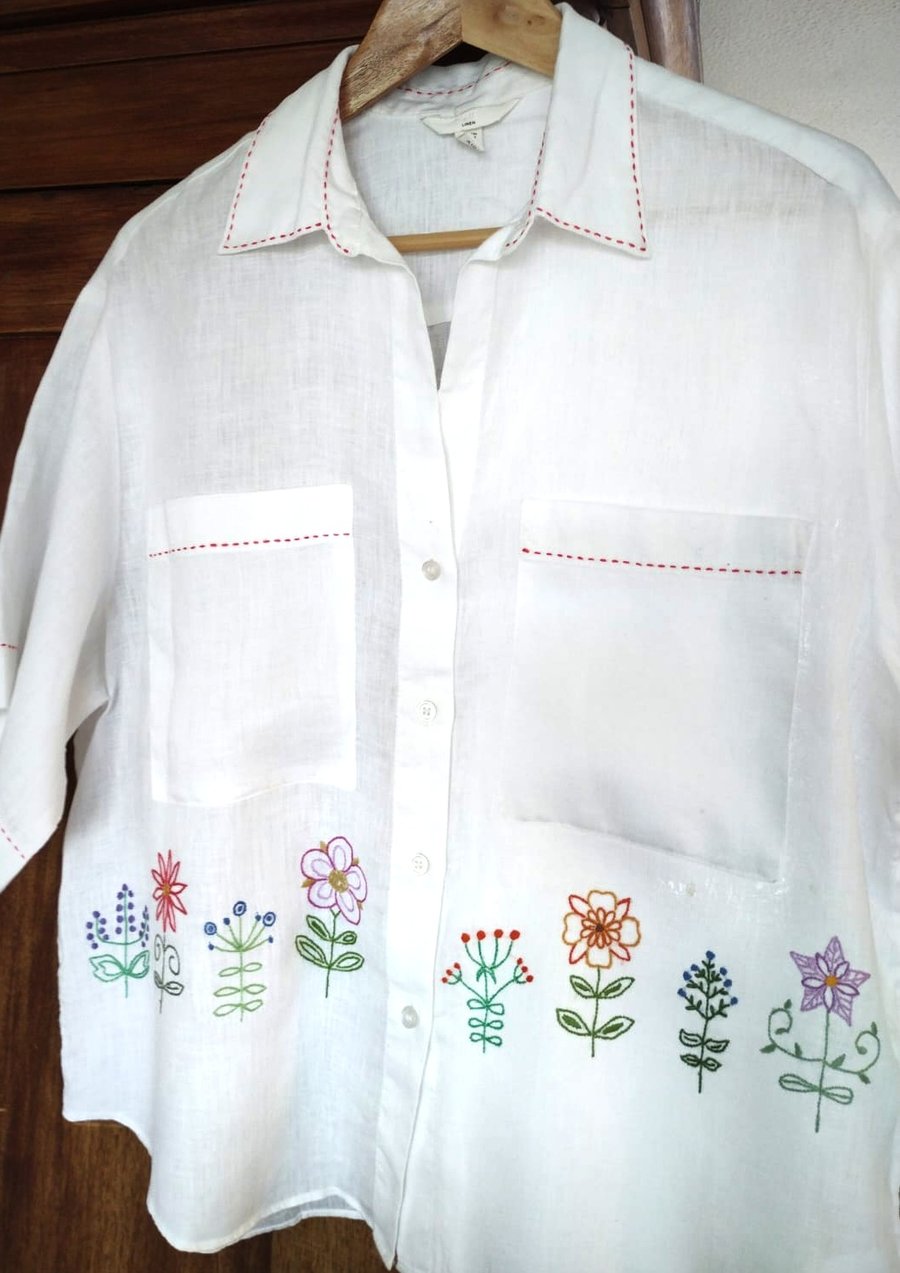 Hand embroidered white linen blouse