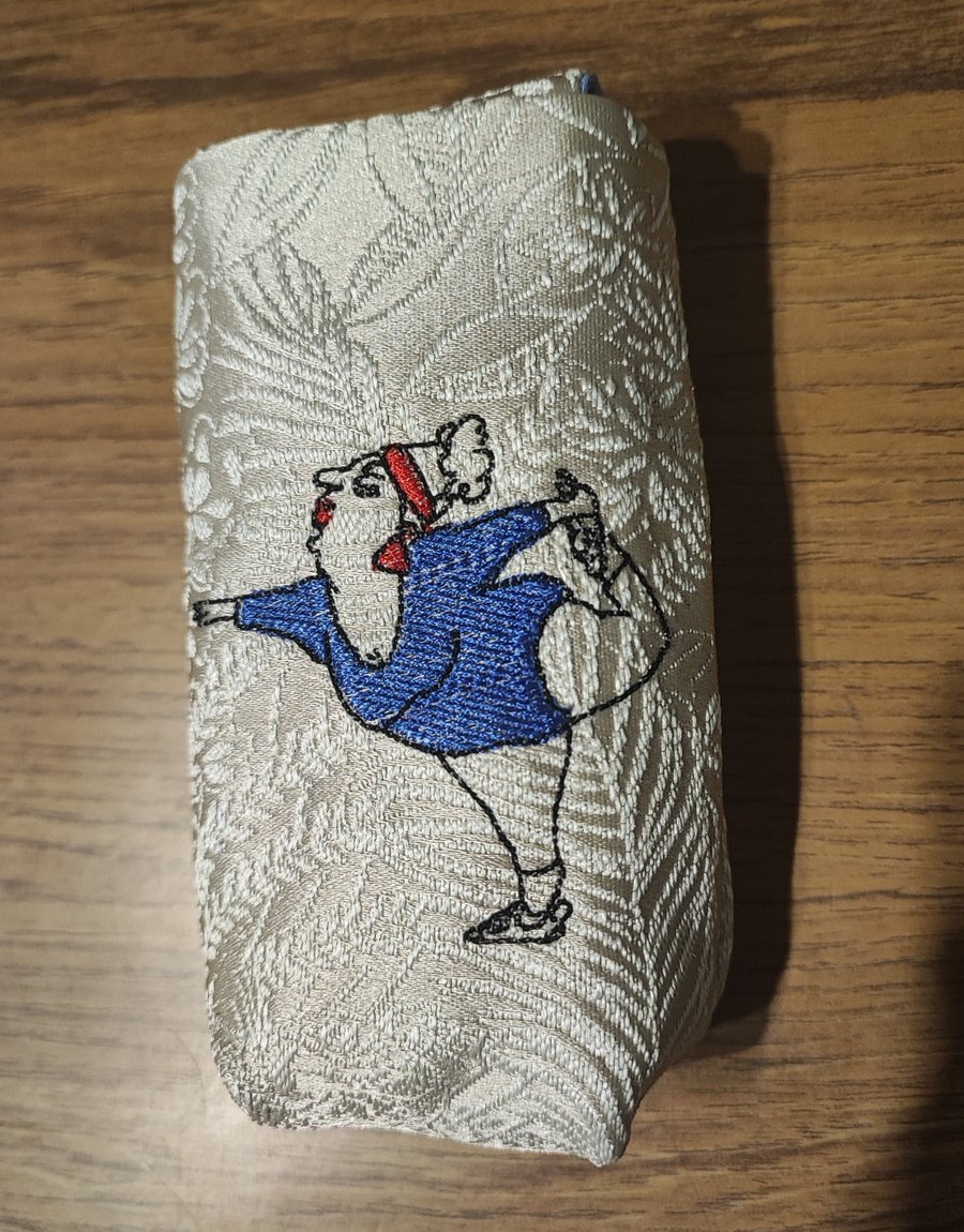Tissue Holder silver with embroidered comical yoga  lady wearing blue  leotard