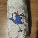 Tissue Holder silver with embroidered comical yoga  lady wearing blue  leotard