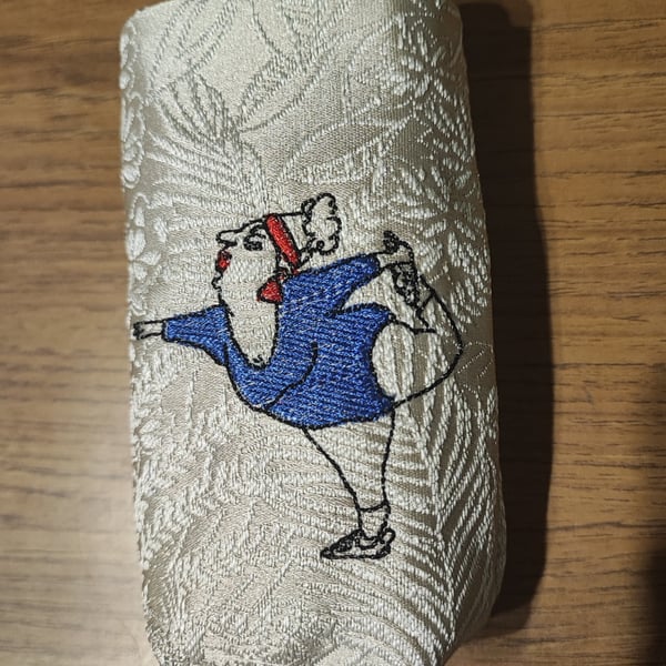 Tissue Holder silver with embroidered comical yoga  lady wearing blue  leotard