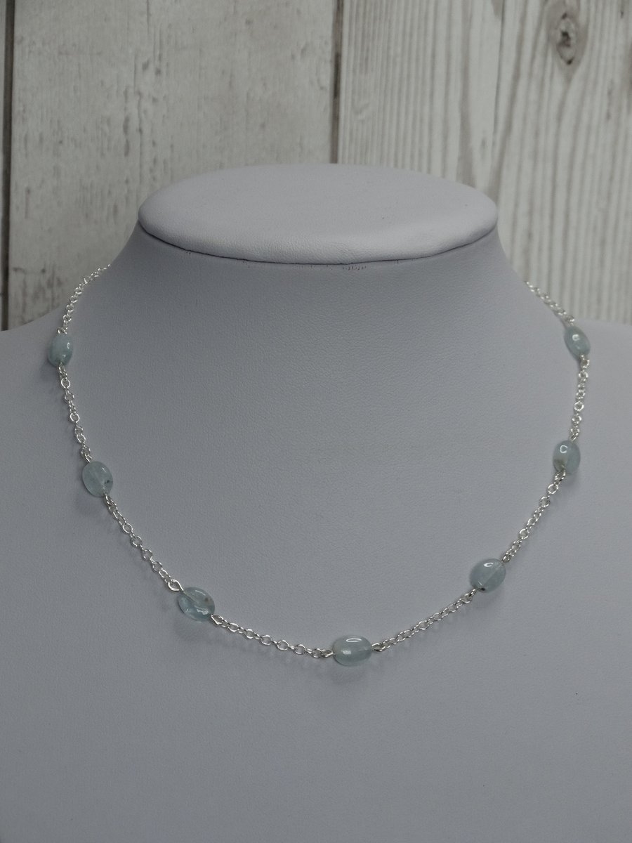 Aquamarine bead and chain necklace throat chakra