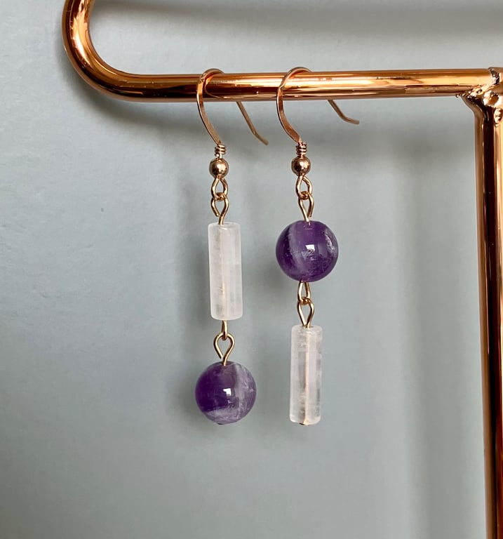 Asymmetrical Gemstone Drop Earrings – Rose Quartz, Amethyst & Rose Gold Vermeil