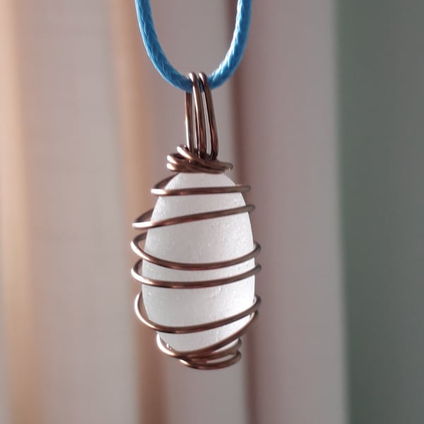 White Sea Glass Necklace, Bronze Copper wire wrapped,18" waxed cotton cord