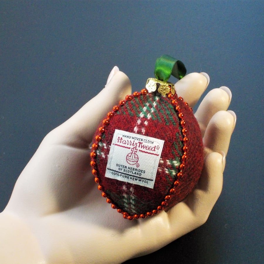 Harris tweed bauble Christmas tree decoration red tartan ornament