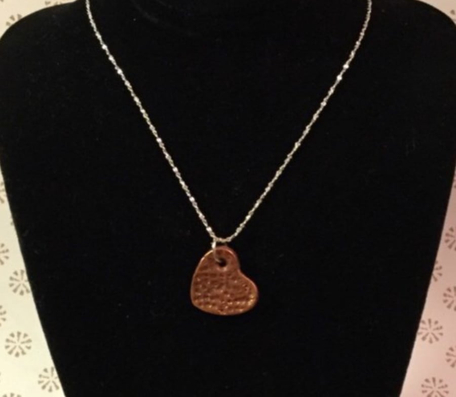 Lovely little stipple dot heart pendant solid copper kiln fired 925 silver chain