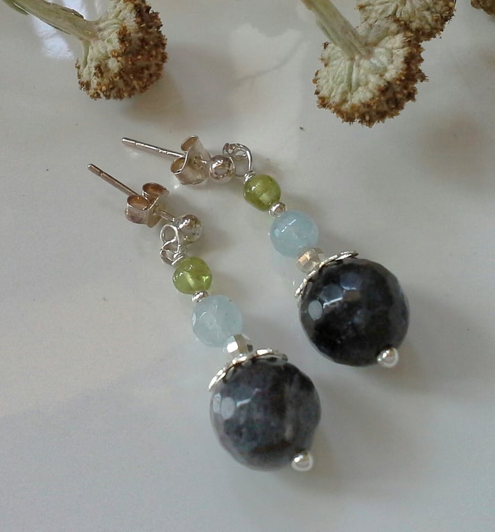Labradorite,  Aquamarine & Peridot Stud Sterling Silver Earrings