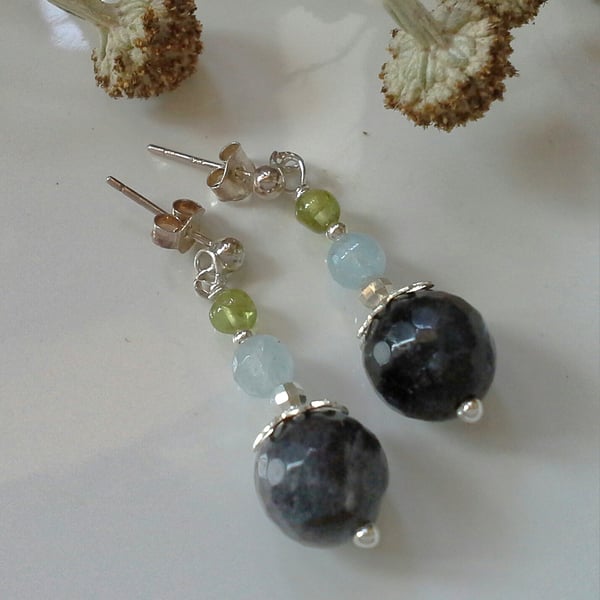 Labradorite,  Aquamarine & Peridot Stud Sterling Silver Earrings