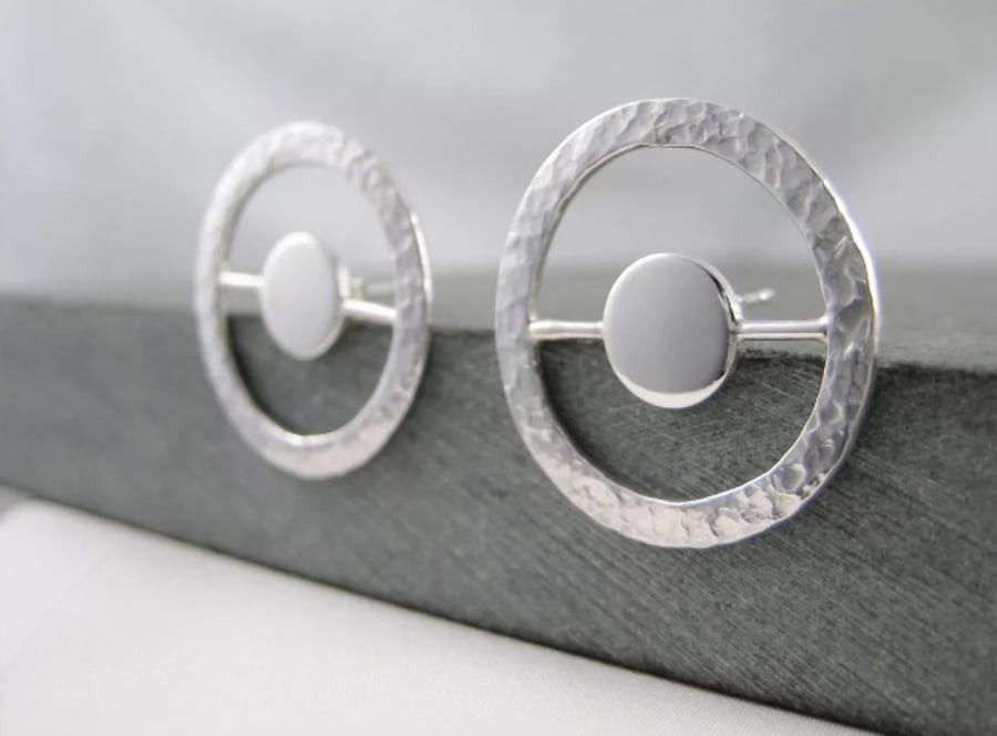 Large Sterling Silver Circle Ear Stud Earrings 22mm Handmade UK