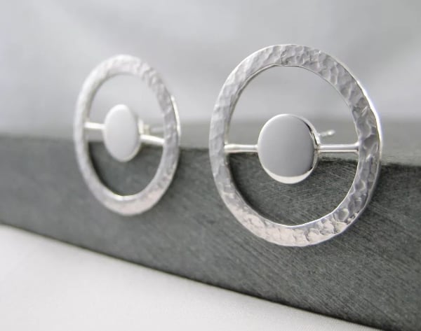 Large Sterling Silver Circle Ear Stud Earrings 22mm Handmade UK