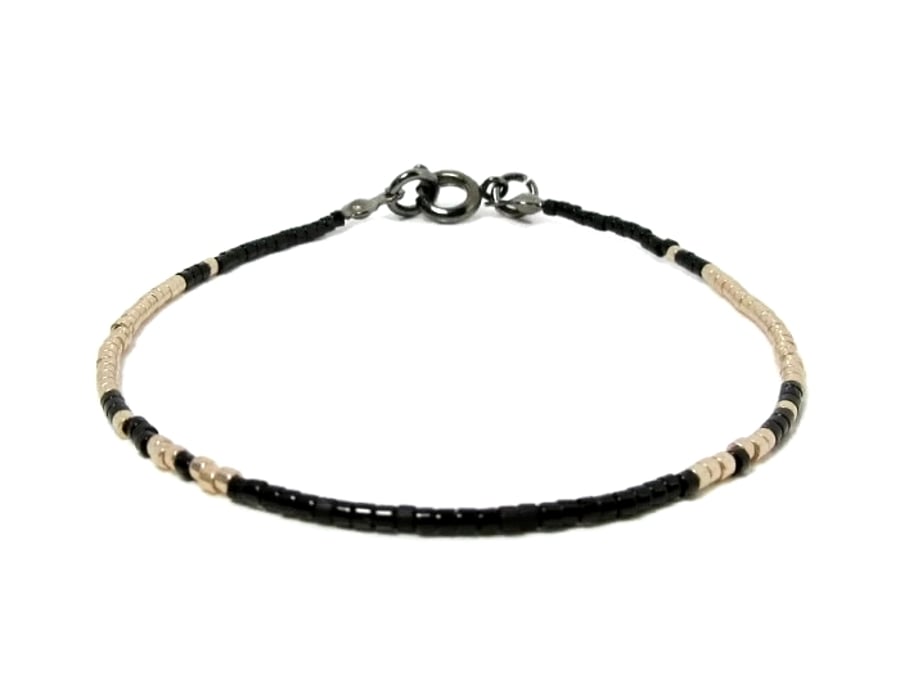 Black & Pale Champagne Gold Seed Bead Fashion Stacking Bracelet - 6.5" - 8.5"