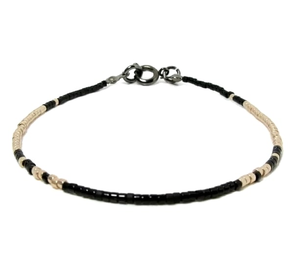 Black & Pale Champagne Gold Seed Bead Fashion Stacking Bracelet - 6.5" - 8.5"