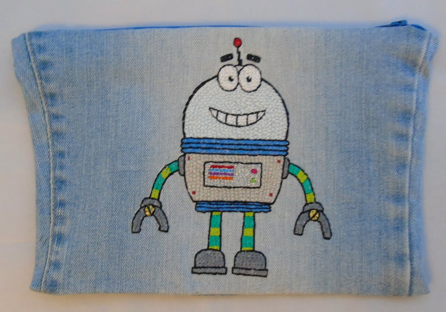 Robot Zippered Pouch Hand Embroidered Robot onto Denim