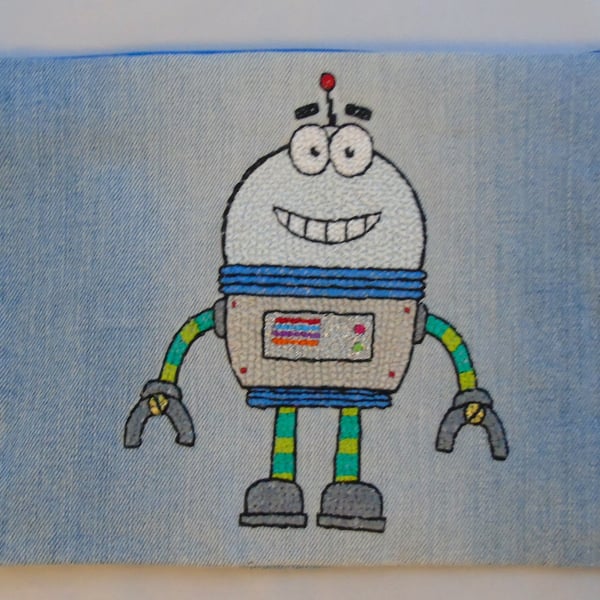 Robot Zippered Pouch Hand Embroidered Robot onto Denim