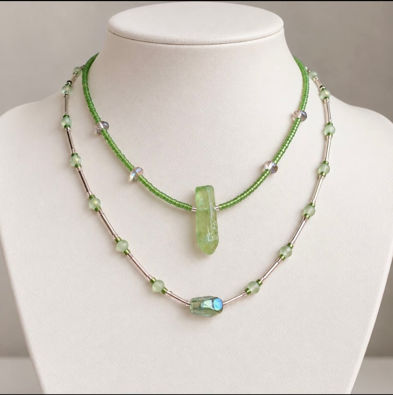 Green Quartz Pendant Necklace and Matching Bracelet Set Handmade Green 