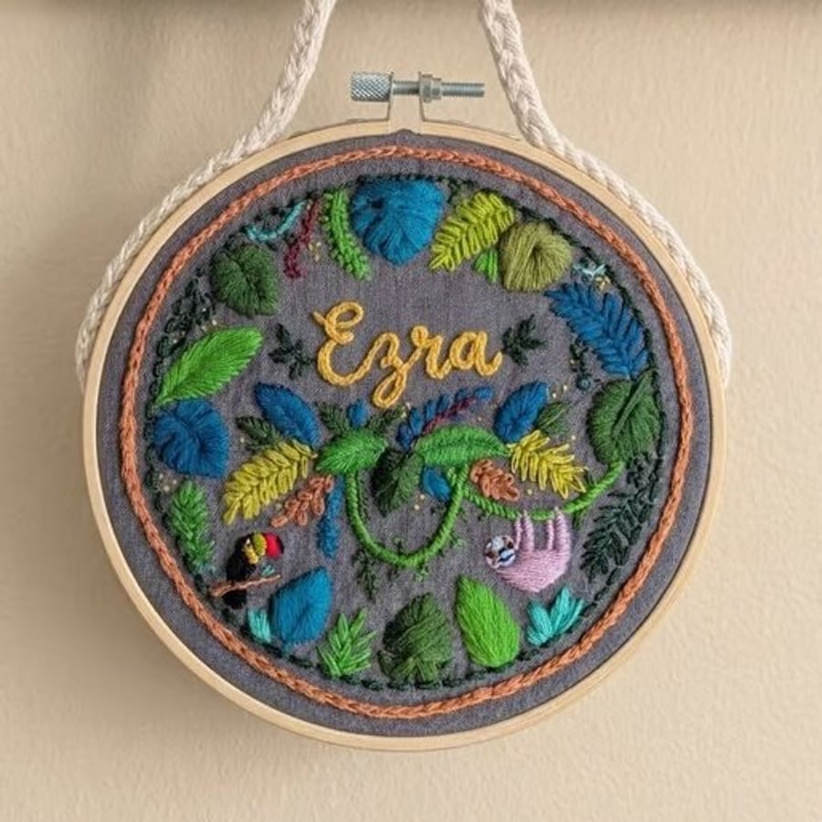 Personalised Jungle Embroidery Hoop Art, Custom Baby Name Gift FREE POSTAGE