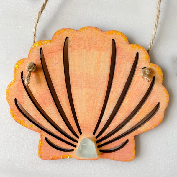 Hanging wooden shell decoration with Cornwall sea glass 