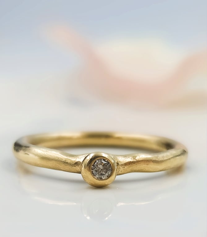 9ct Gold Granule Ring - Salt & Pepper Natural Diamond, Rustic Stacking Band