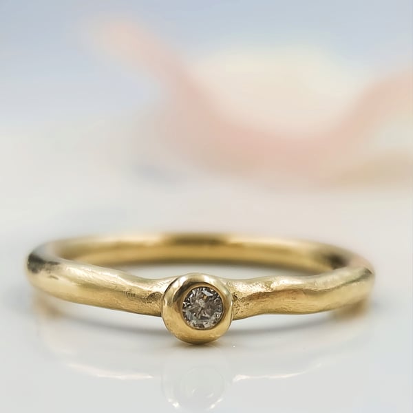 9ct Gold Granule Ring - Salt & Pepper Natural Diamond, Rustic Stacking Band