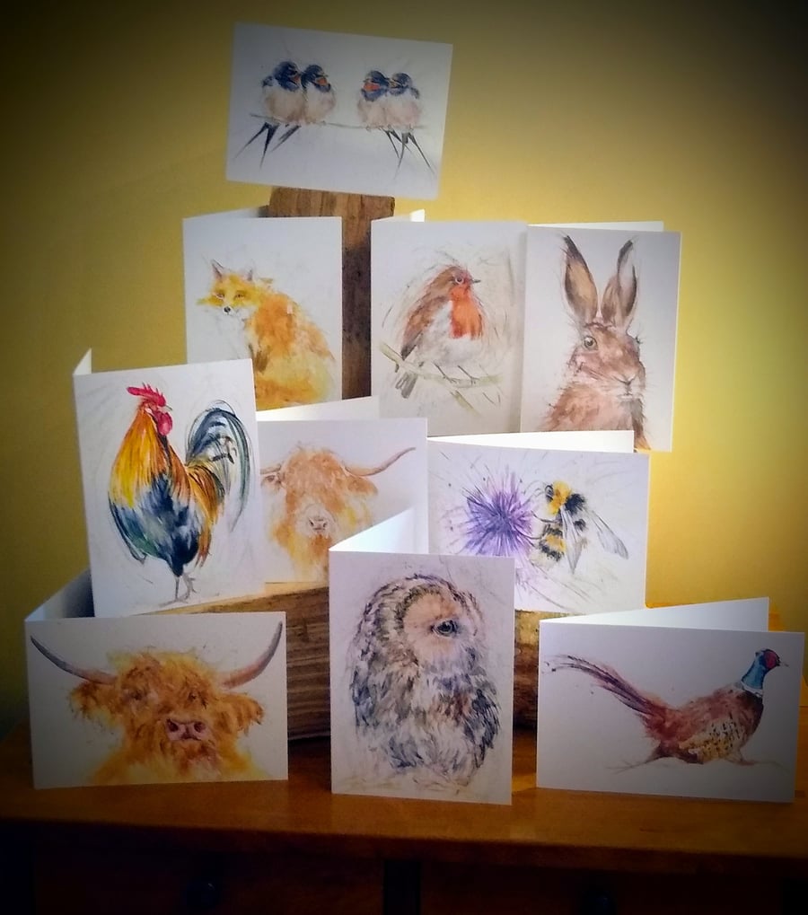 Mixed pack of 10 greetings cards , wildlife and farm animals. 