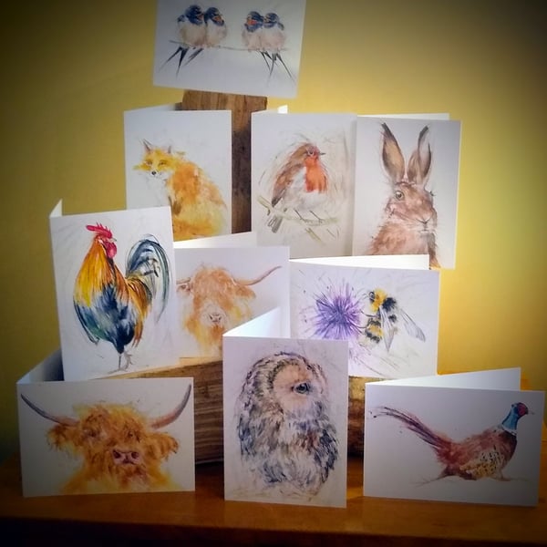 Mixed pack of 10 greetings cards , wildlife and farm animals. 