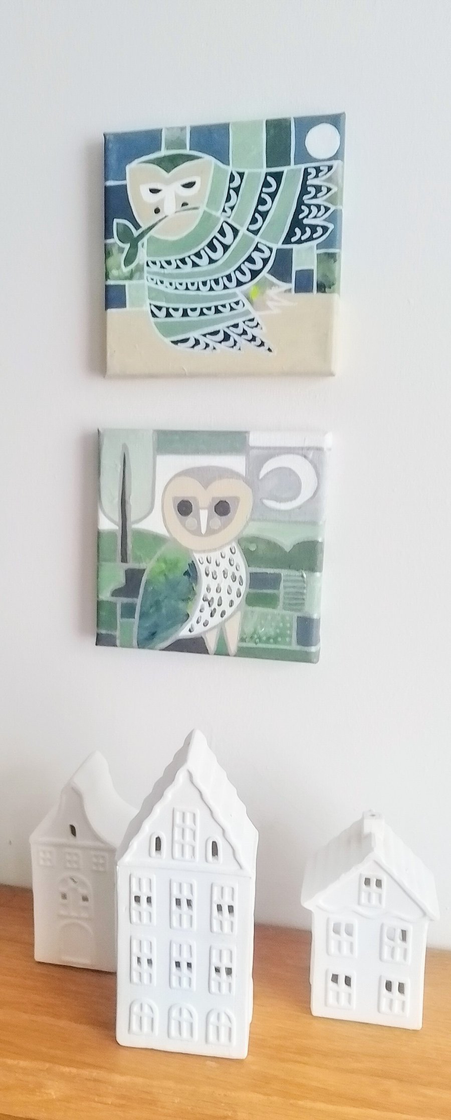Cute Mid-century Inspired Original Art Owl Painting on Canvas.