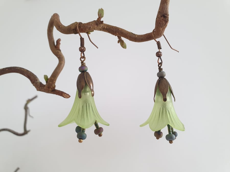 Green Trumpet Flower Earrings