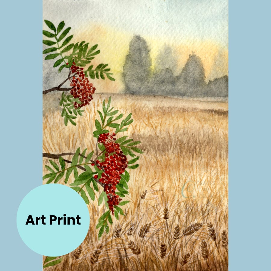 Rowan Tree Landscape Art Print, A5 high quality print