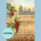 Rowan Tree Landscape Art Print, A5 high quality print