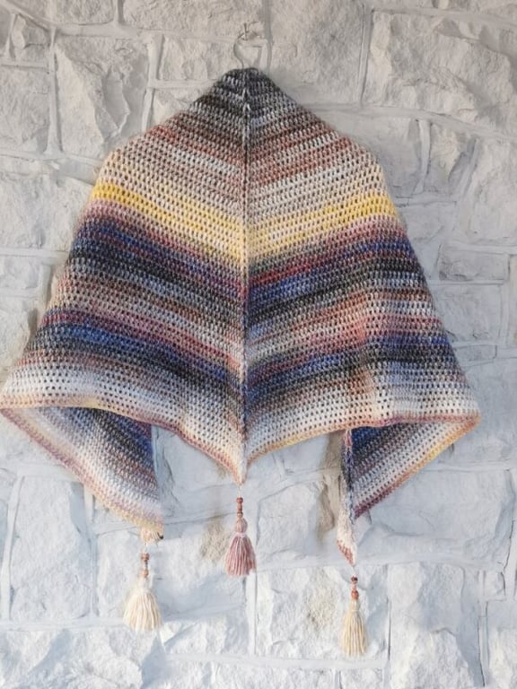 Boho Crochet Shawl with Tassels - Triangle Wrap in Supersoft Ombre Yarn