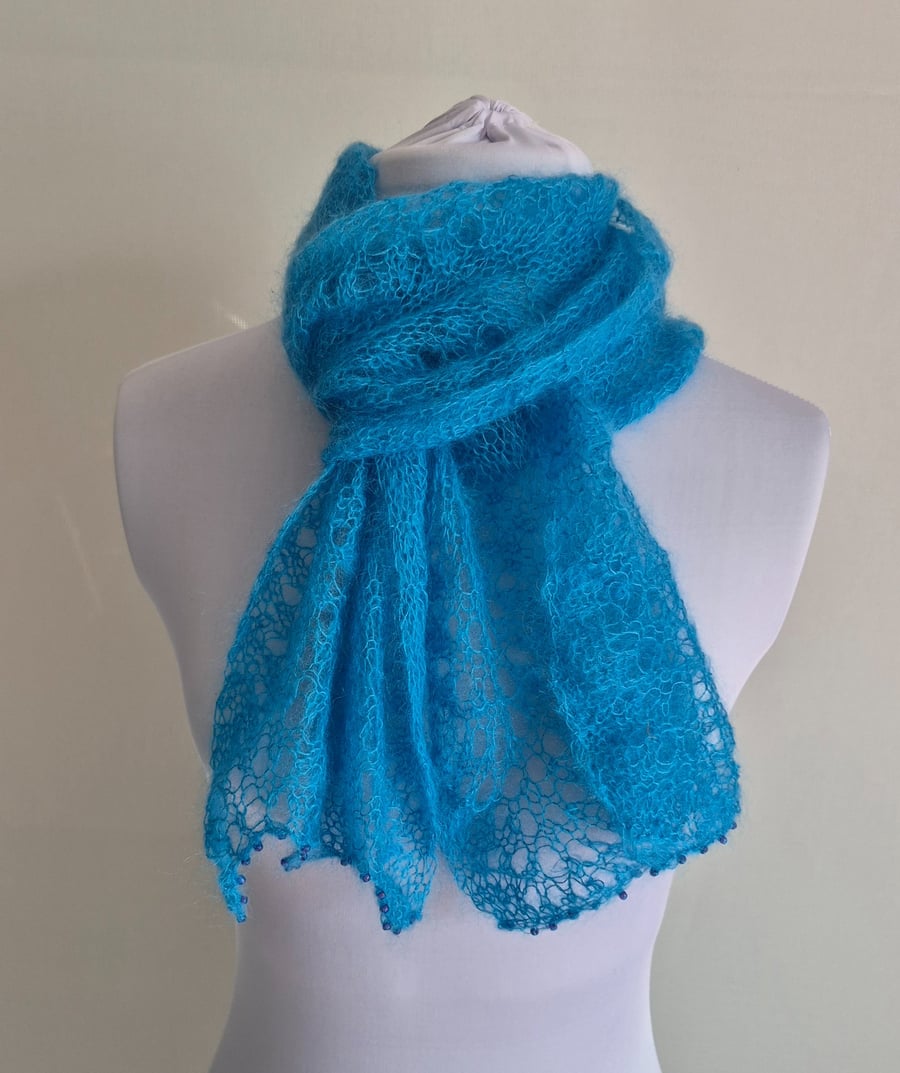 48.Handknitted Fine Lacy Turquoise Blue Lacey Long Scarf With beads On Ends.