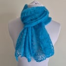 48.Handknitted Fine Lacy Turquoise Blue Lacey Long Scarf With beads On Ends.