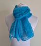 48.Handknitted Fine Lacy Turquoise Blue Lacey Long Scarf With beads On Ends.