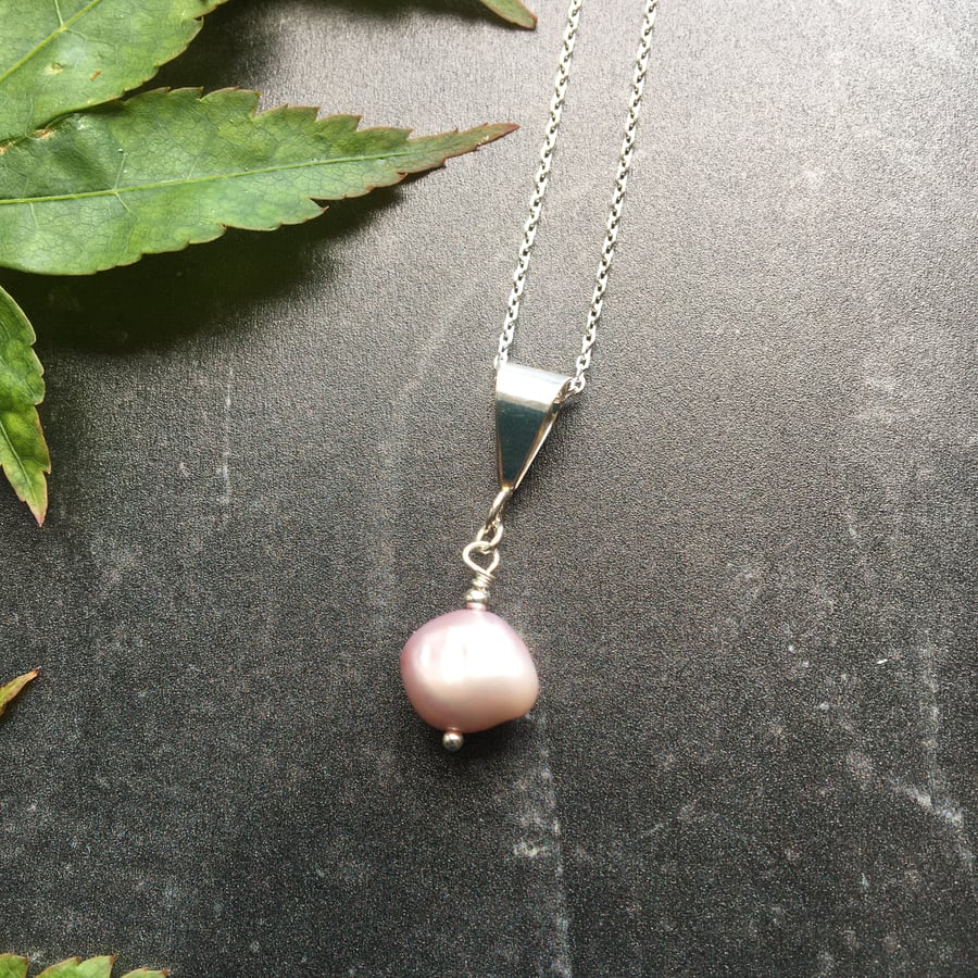 Pink Baroque Freshwater Pearl Pendant and Sterling Silver Chain Necklace
